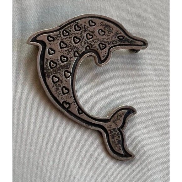 EFS Mexican Silver Dolphin Pin, Dolphin Small Heart Pin, Sterling Silver Sz 1.5” - Picture 2 of 7